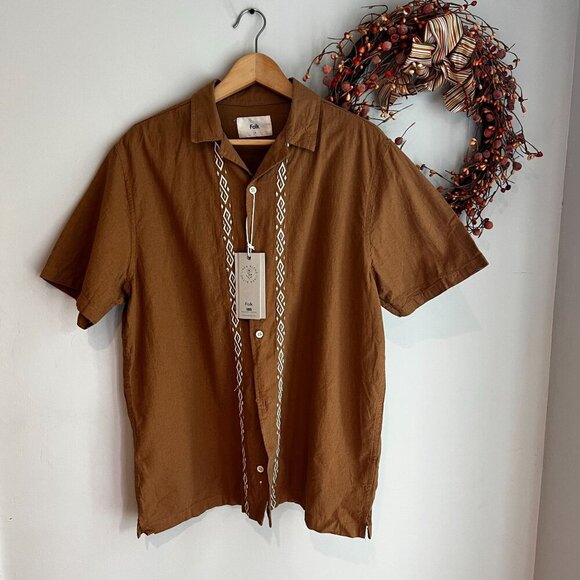 Folk Men's Maze Short Sleeve Chain Stitch Embroidery Shirt LARGE Tan Linen Blend - Picture 1 of 10
